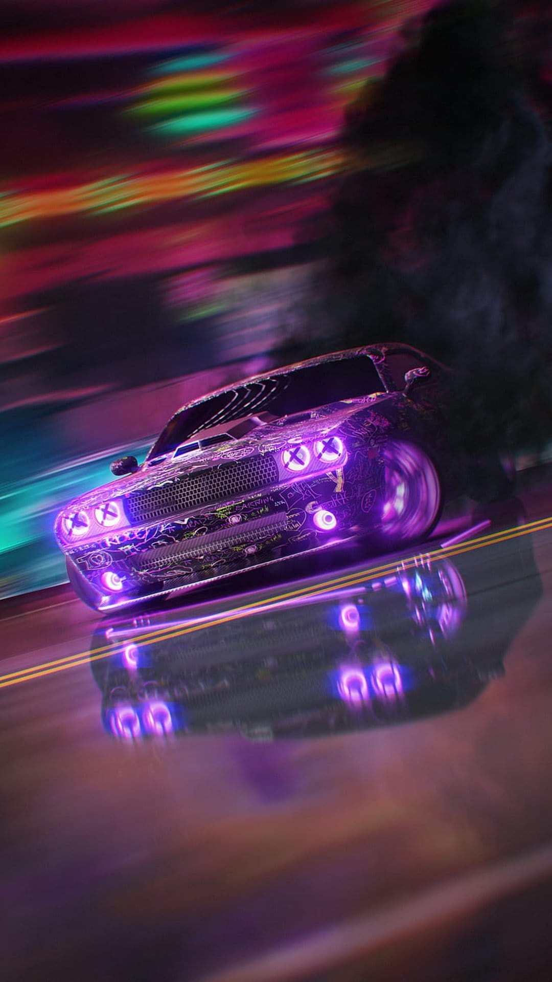 Purple Dodge Challenger drifting with glowing neon underglow and smoke trails against a blurred night city.