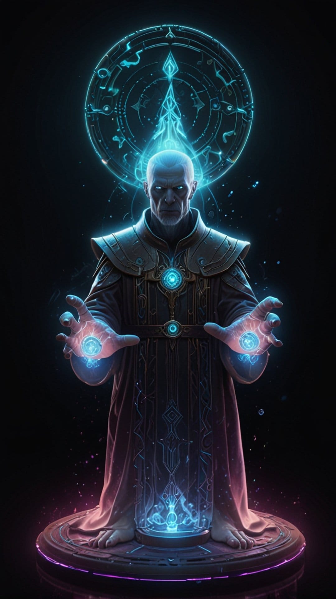Sorcerer in ornate robes channeling blue electric energy between his hands over a glowing circular pedestal.