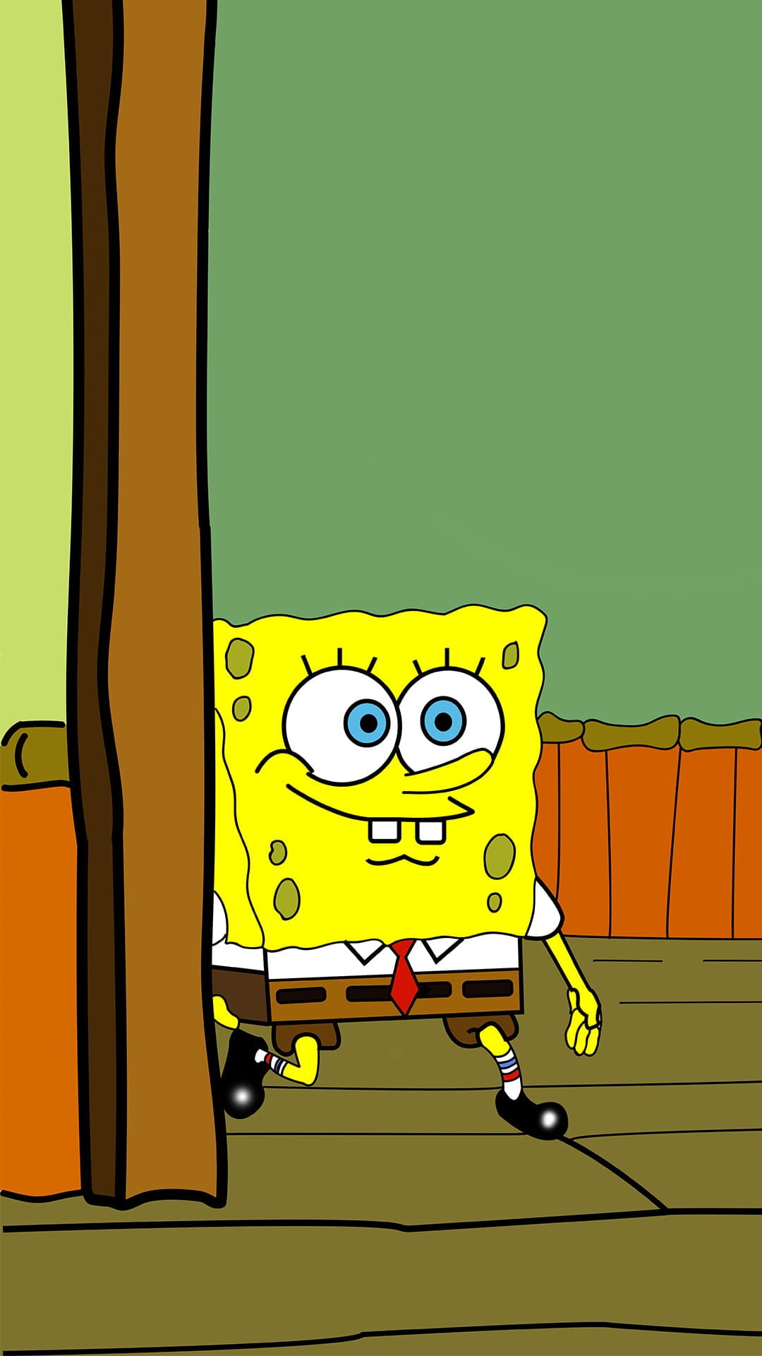 SpongeBob SquarePants with wide blue eyes peeks around a brown wooden pillar against a muted green interior wall.