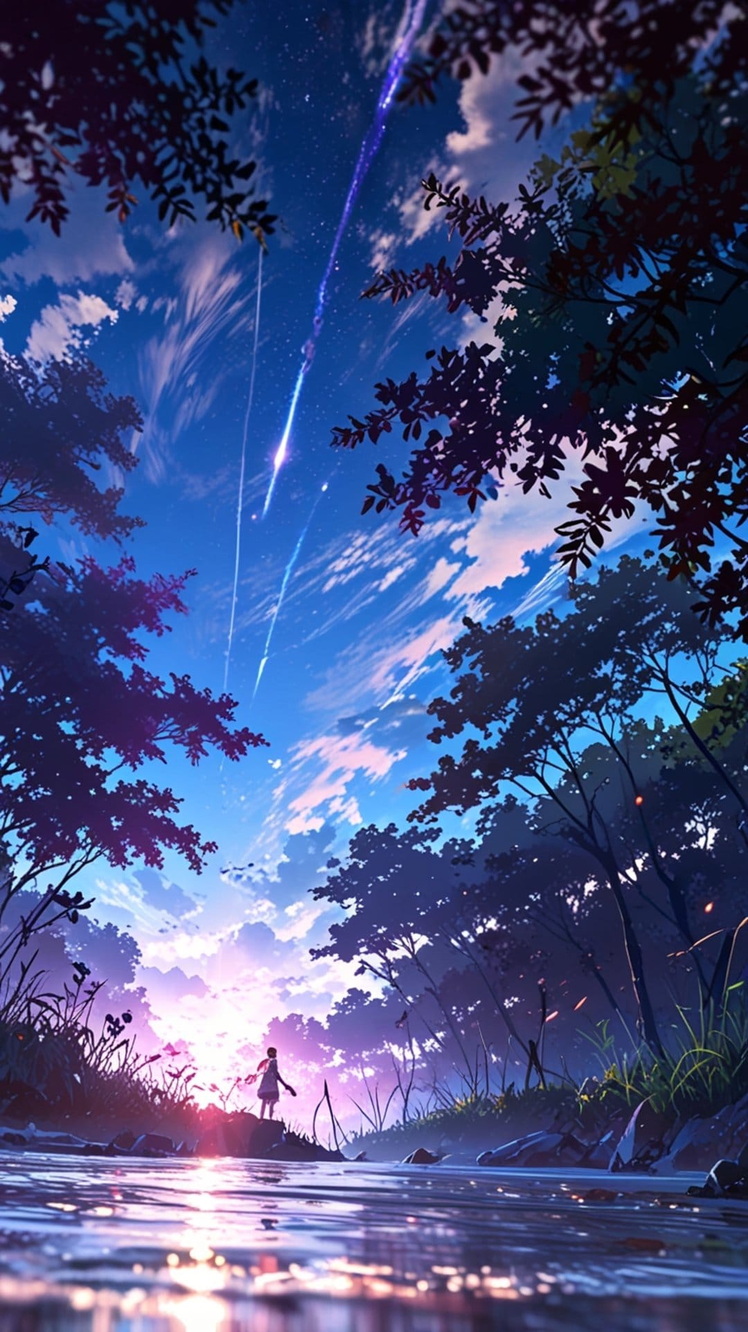 Lone silhouette stands by a reflecting river beneath a celestial sky filled with shooting stars and glowing clouds.