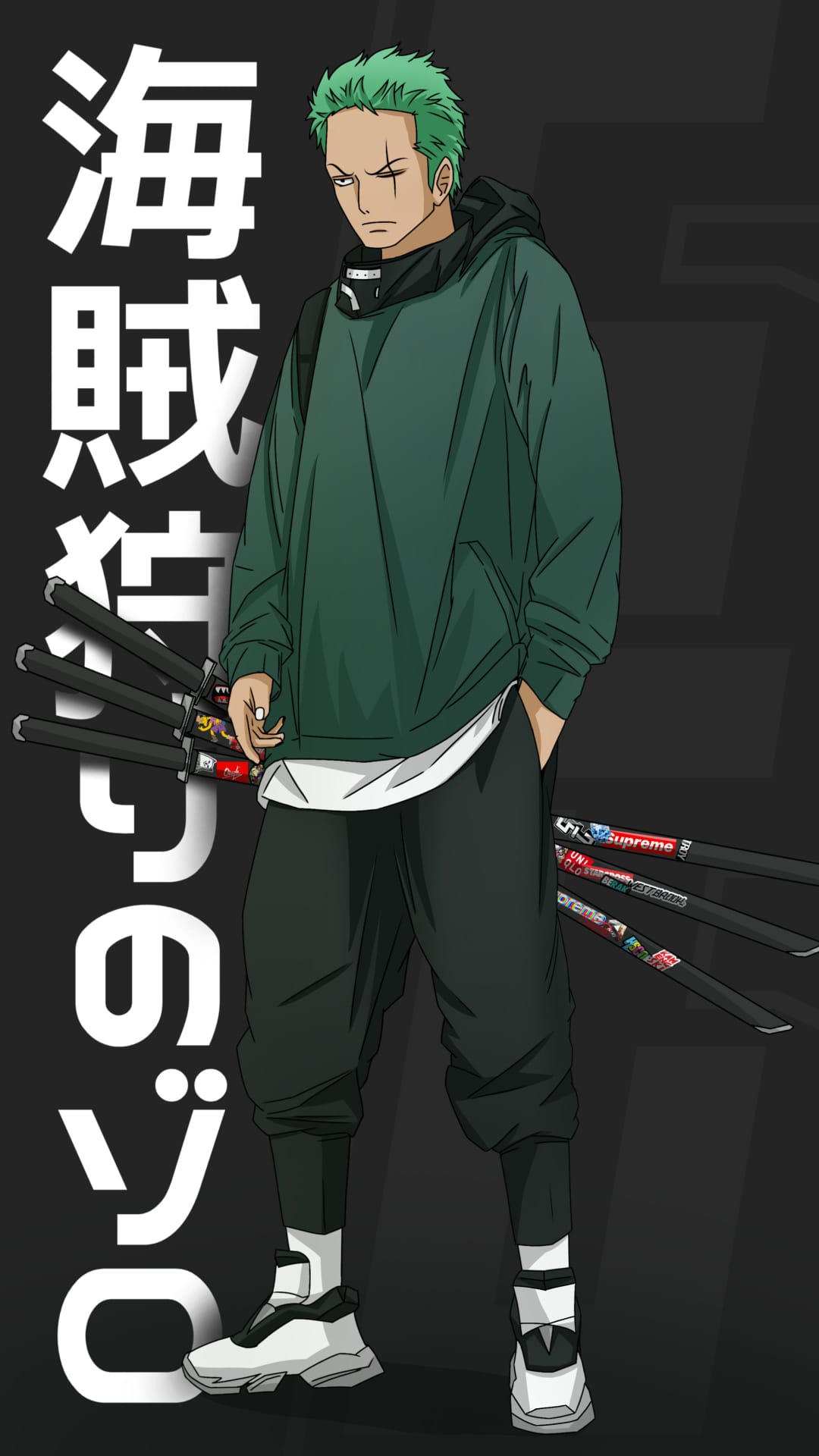 Roronoa Zoro in a green hoodie holding katanas against a dark background with white Japanese kanji text.