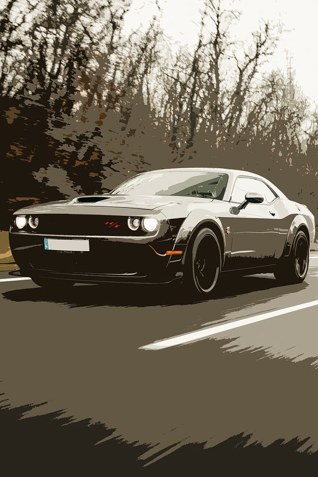 Black Dodge Challenger R/T with glowing headlights driving on a forest road with trees and motion blur effects.