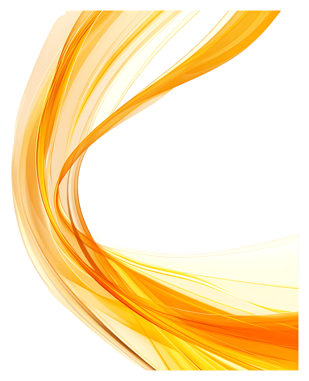 Orange fluid motion graphic showcases glossy curved waves with soft orange gradients on a transparent background.