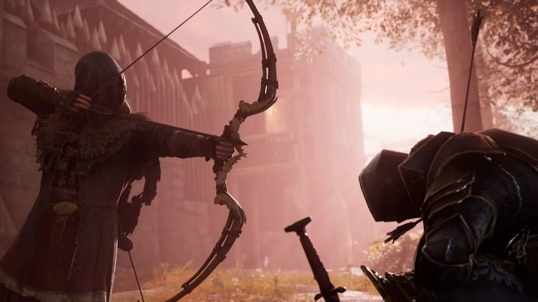 Hooded archer aims a bow at a slumped knight in armor against a misty medieval castle at sunset.