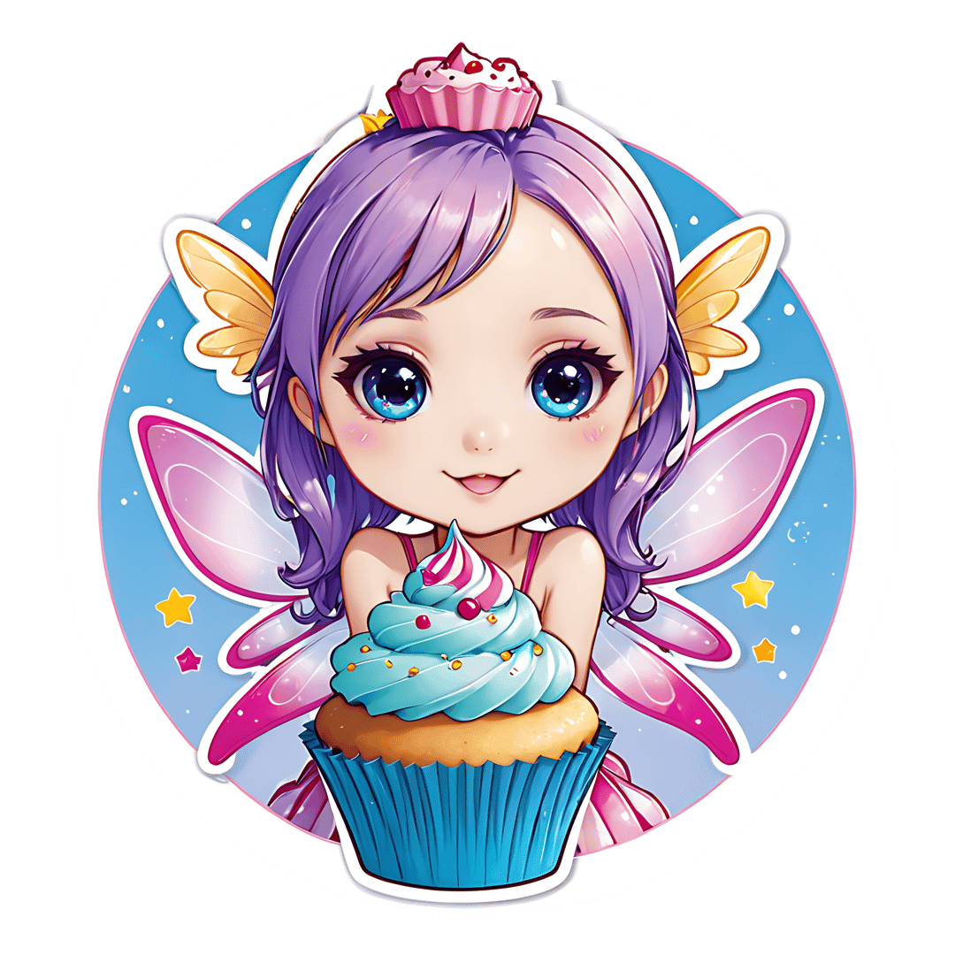 Chibi fairy girl with purple hair holds a blue cupcake against a light blue star-filled circular background.