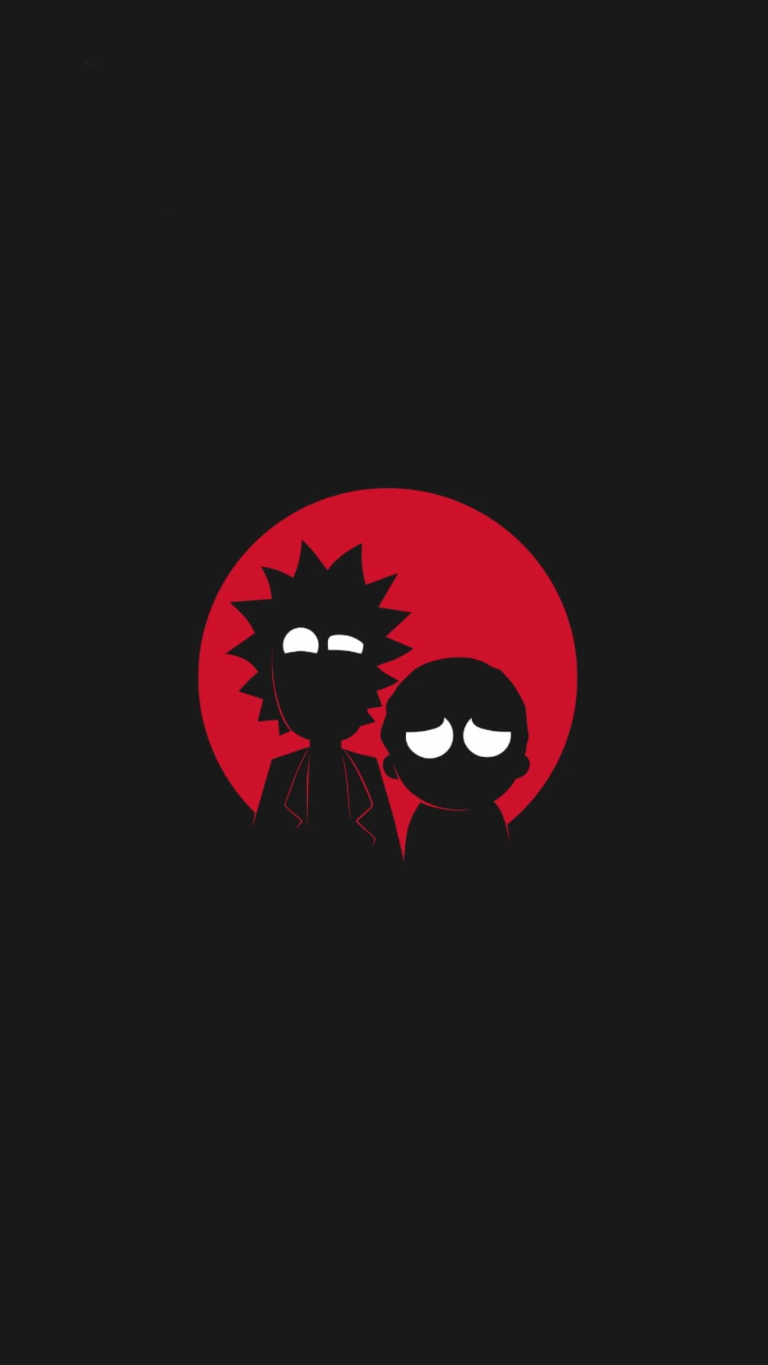 Rick Sanchez and Morty Smith silhouettes stand before a large red circular moon with glowing white eyes.