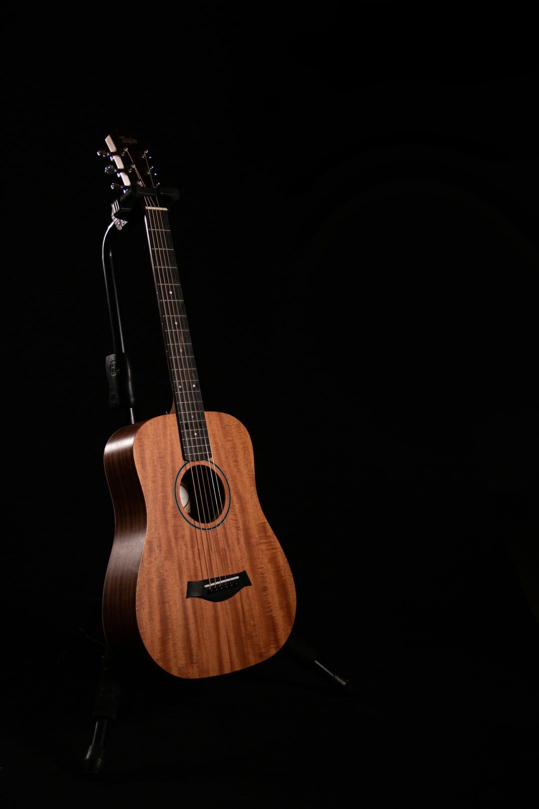 Acoustic guitar with polished wood finish standing upright against a dark, seamless black studio background.