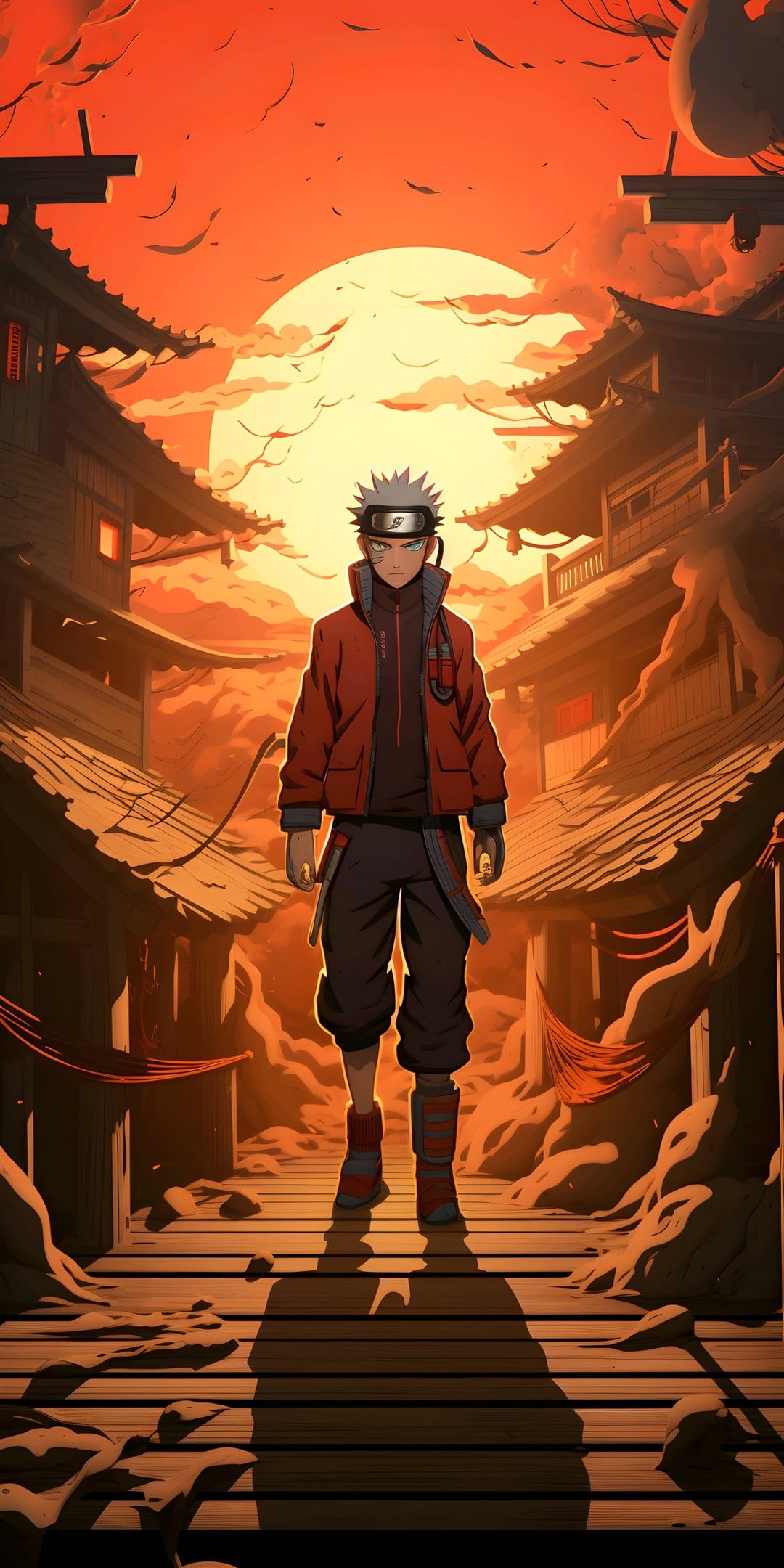 A young ninja with a headband stands on a wooden street in a traditional village under a massive orange sun.