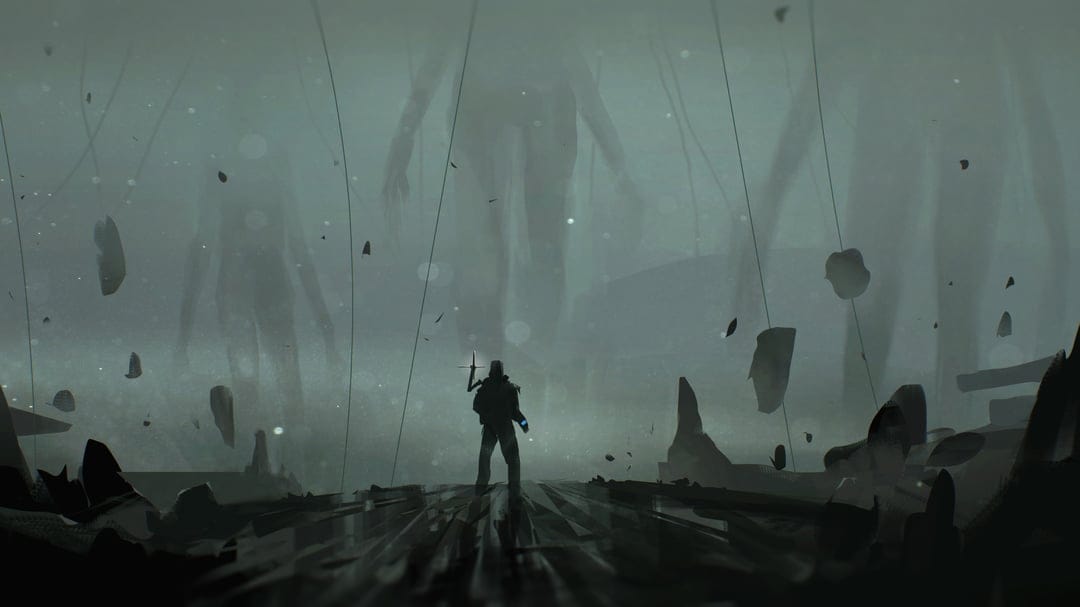Lone traveler faces giant humanoid silhouettes in thick green fog with floating debris and vertical wires.