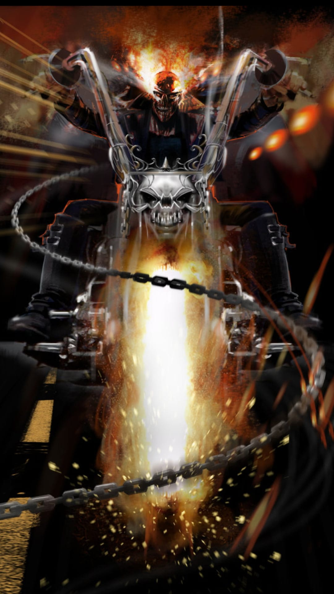 Ghost Rider sits on a flaming chopper with a glowing skull and burning chains against a dark fiery background.