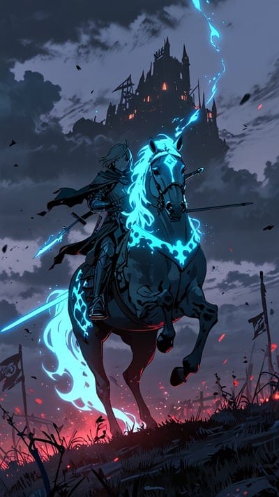 Knight on a glowing blue horse approaches a dark castle under a stormy twilight sky on a misty battlefield.