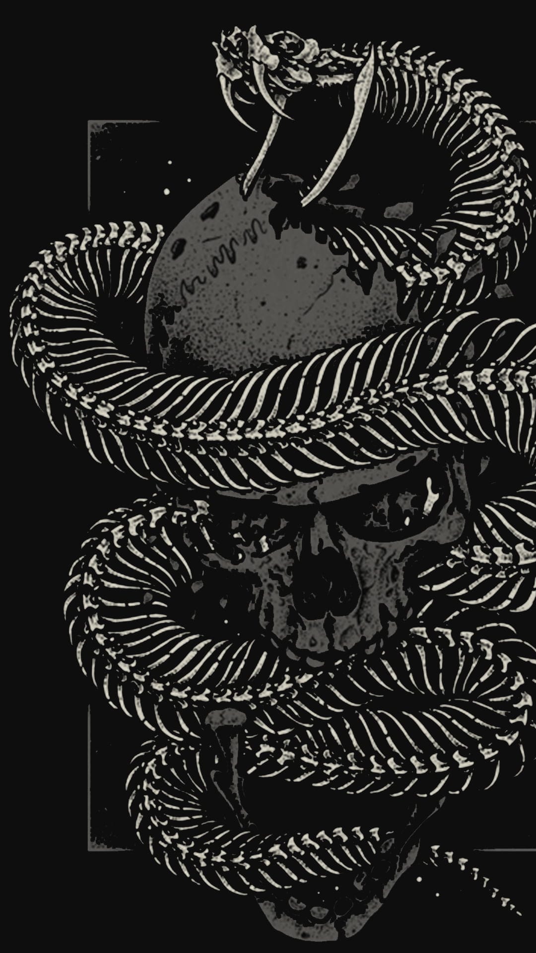 Skeletal snake wrapped around a human skull with a large cratered moon in a dark grayscale cosmic scene.