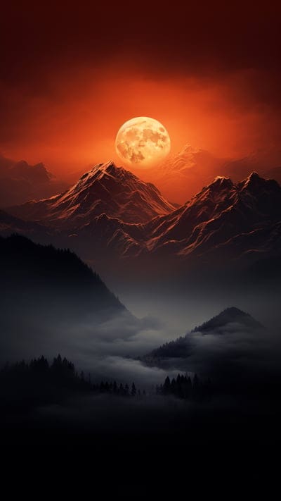 moon,mountains,fog,clouds,forest,dark