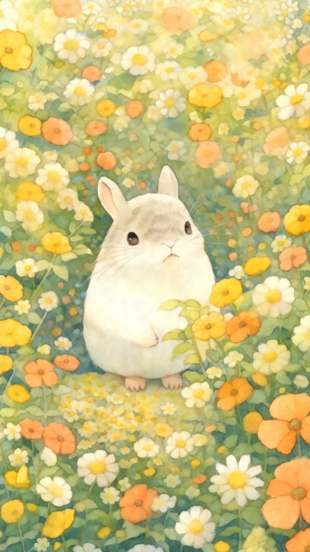 Fluffy white rabbit sitting in a dense meadow of pink and yellow wildflowers with soft watercolor textures.