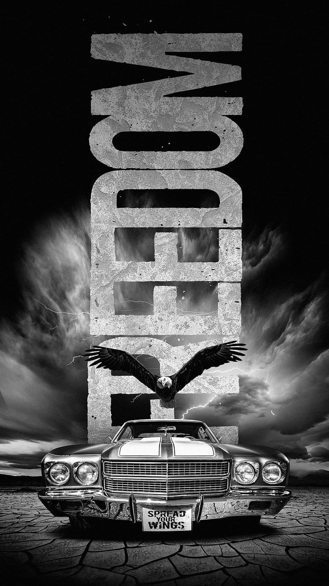 Bald eagle flies above a vintage car on cracked soil with lightning and textured freedom lettering.