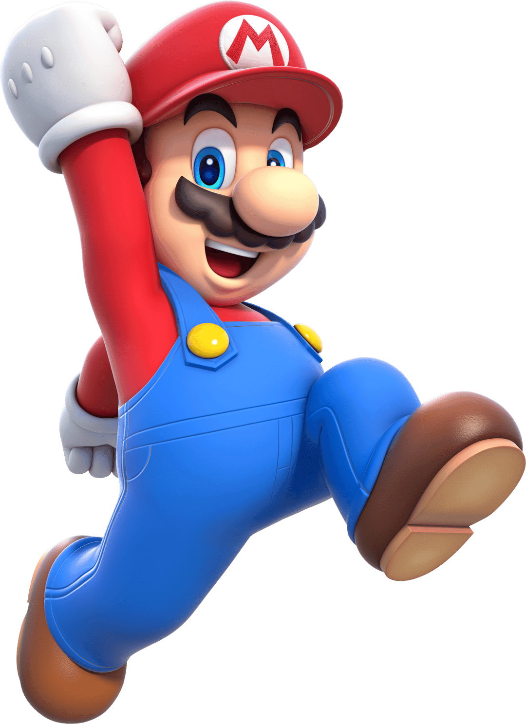 Mario jumping character leaps upward with one arm raised wearing red clothing and denim blue overalls.