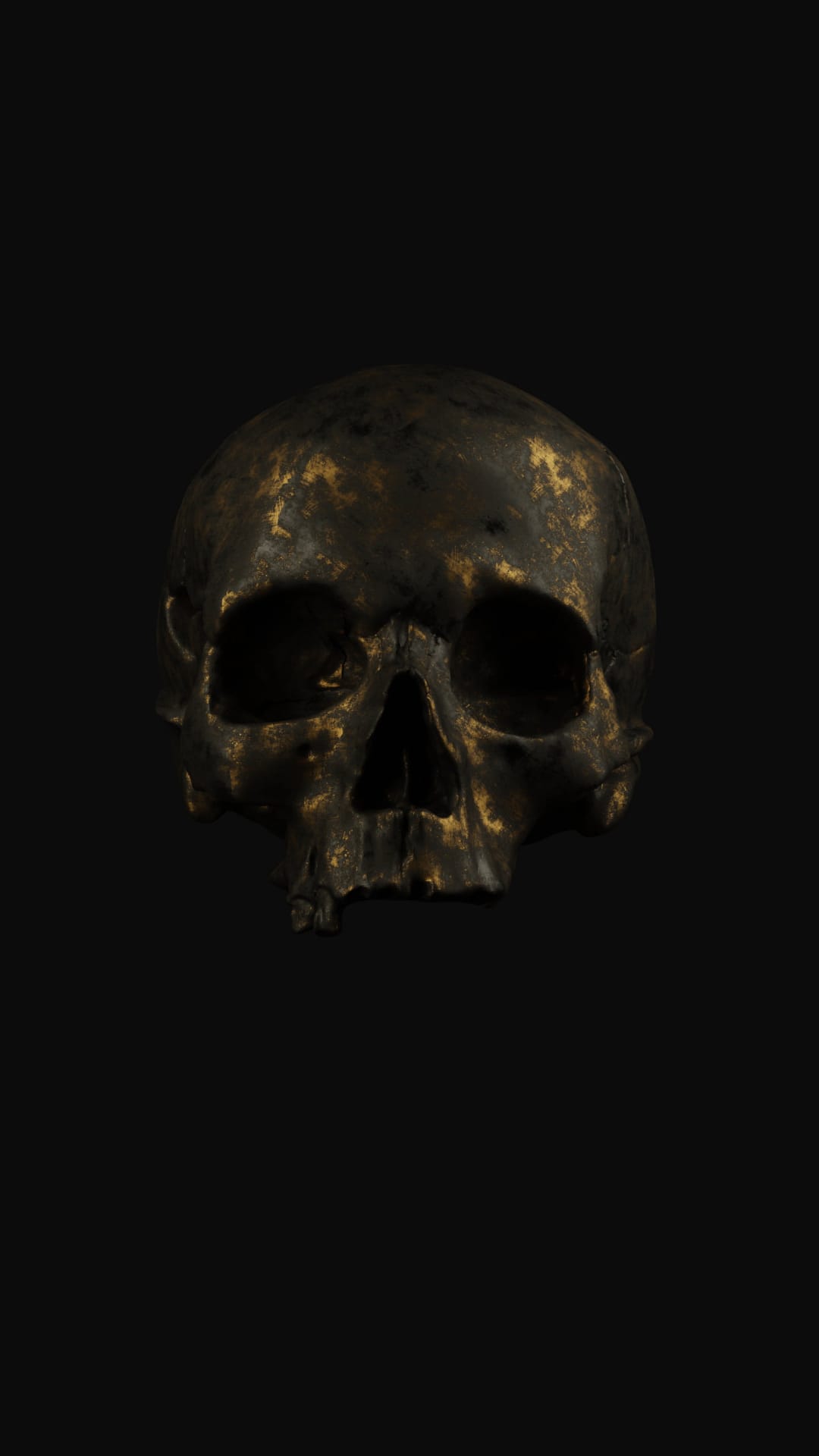 Ancient bronze skull featuring weathered gold accents and pitted textures against a solid black background.
