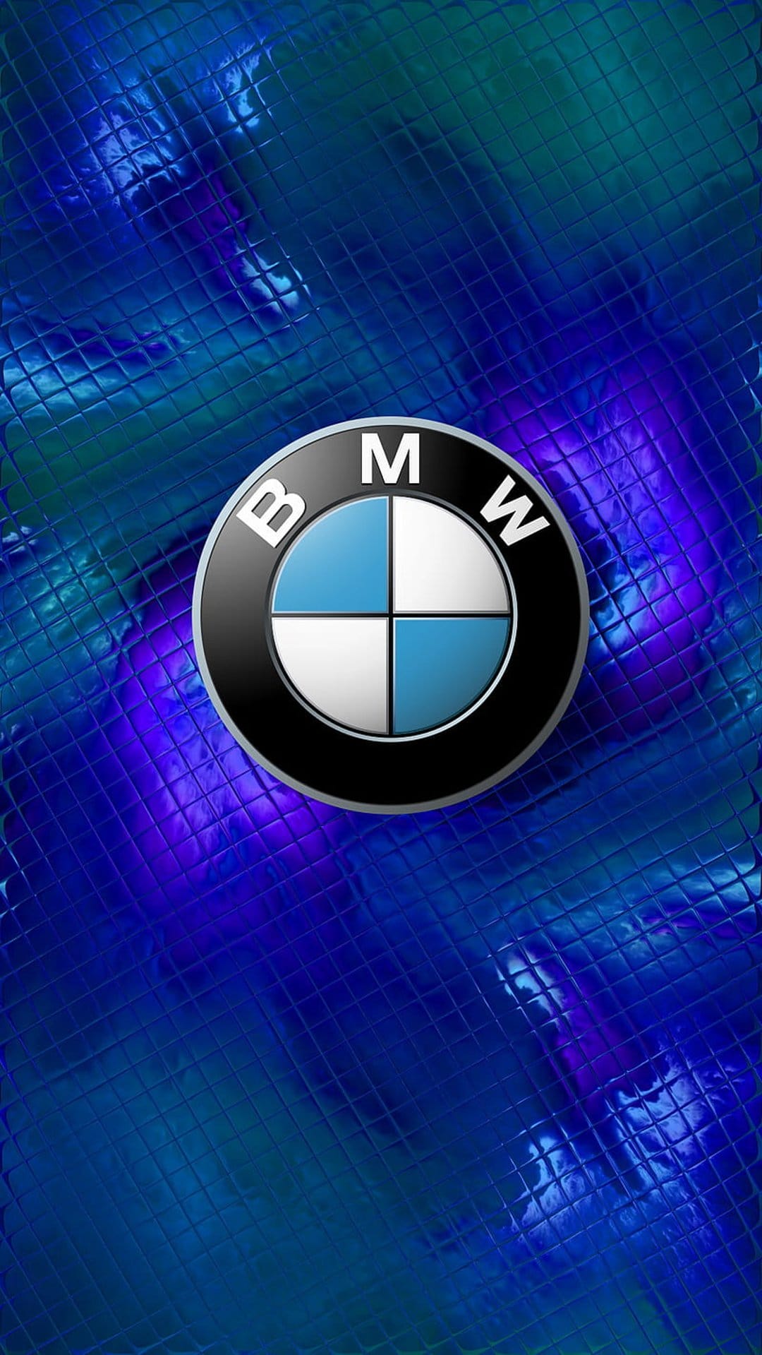 BMW emblem centered on a textured, iridescent blue and purple surface with metallic highlights and deep shadows.