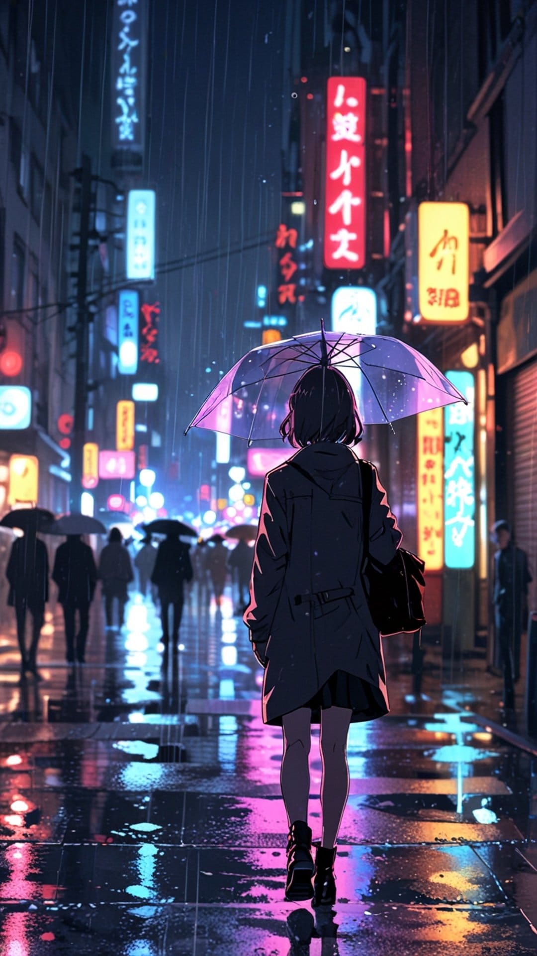 Anime girl holding an umbrella on a rainy city street at night with glowing neon signs and wet pavement.