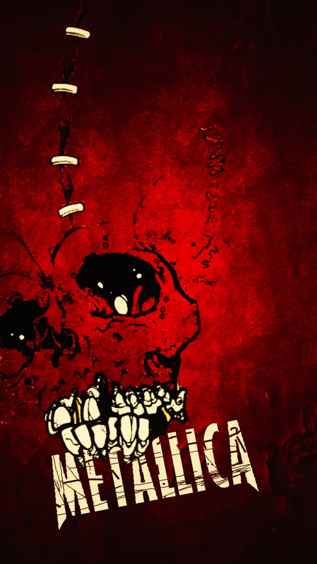 Stitched red skull beneath a distressed Metallica logo sits on a textured crimson and black grunge background.