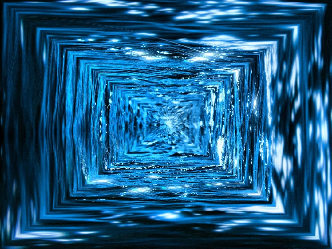 Glowing electric blue concentric squares receding into a dark central point creating an infinite tunnel effect.