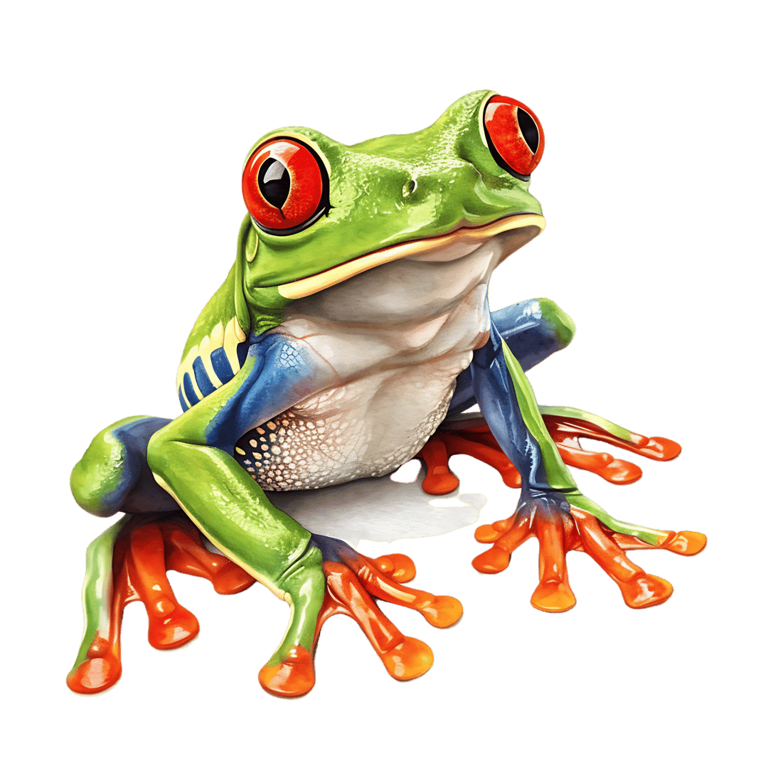 Red-eyed tree frog with green skin and orange feet clings to a dark surface in a sharp digital painting.