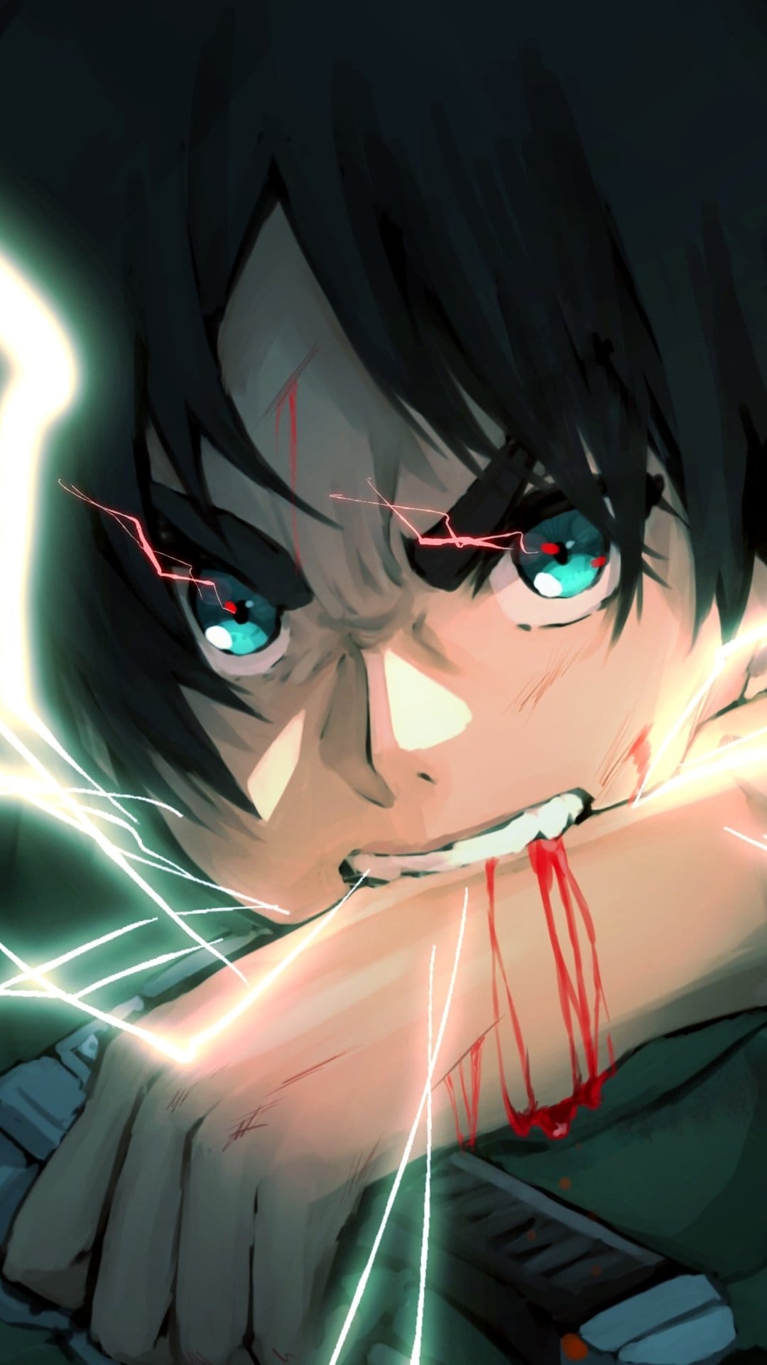 Eren Yeager with glowing eyes and blood on his face surrounded by blue lightning during a Titan transformation.