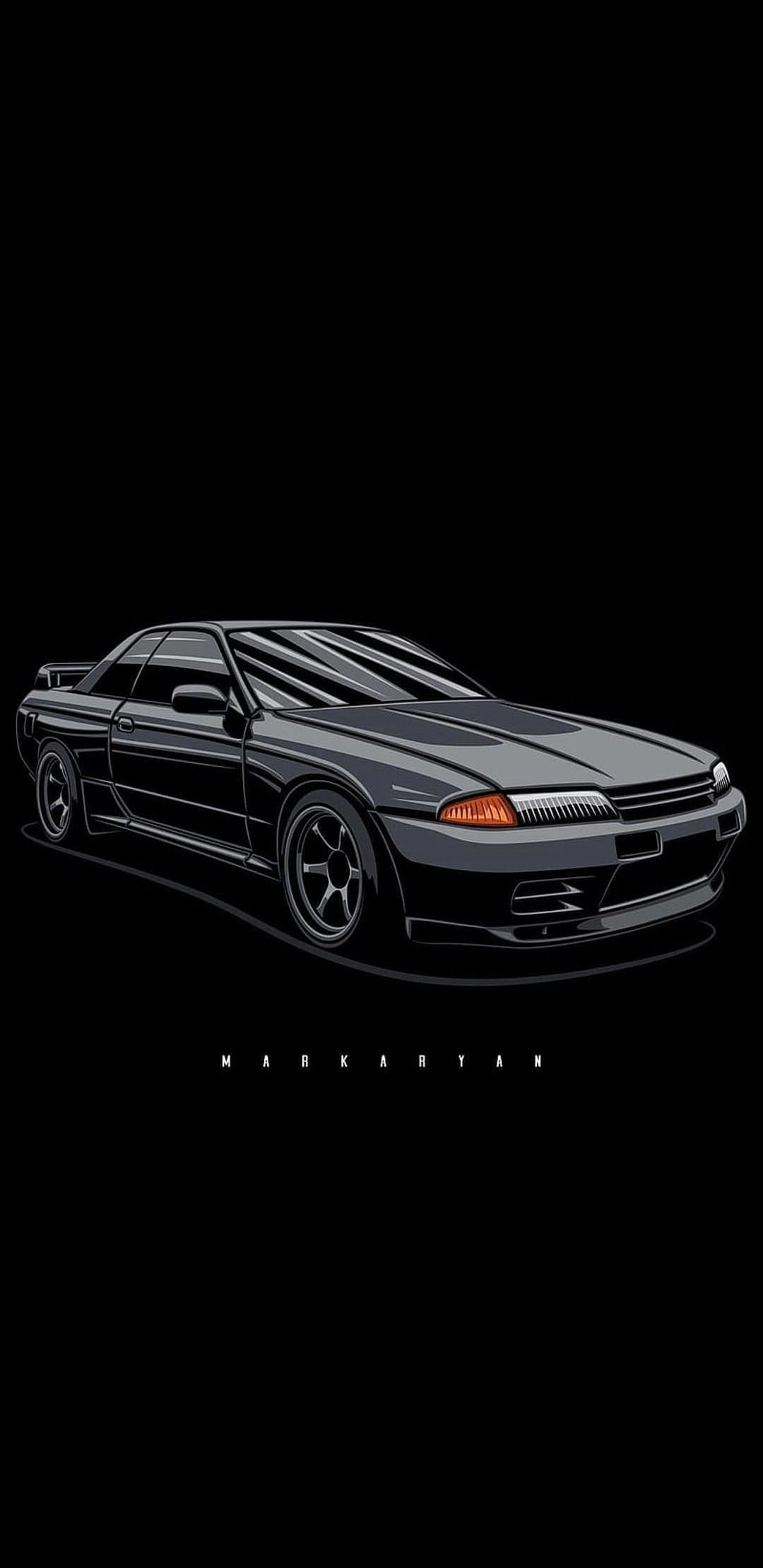 Black Nissan R32 Skyline GT-R coupe profile featuring orange turn signals against a solid dark background.