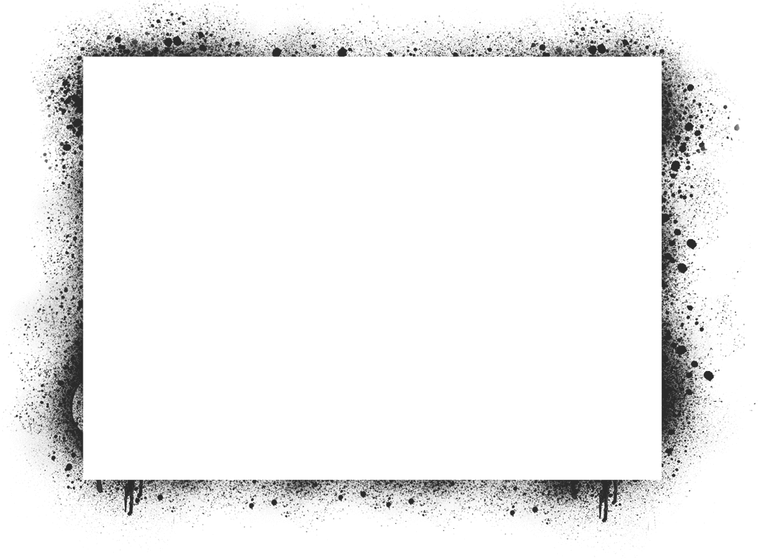 Distressed rectangle frame with weathered edges and gritty black ink textures over a transparent background.