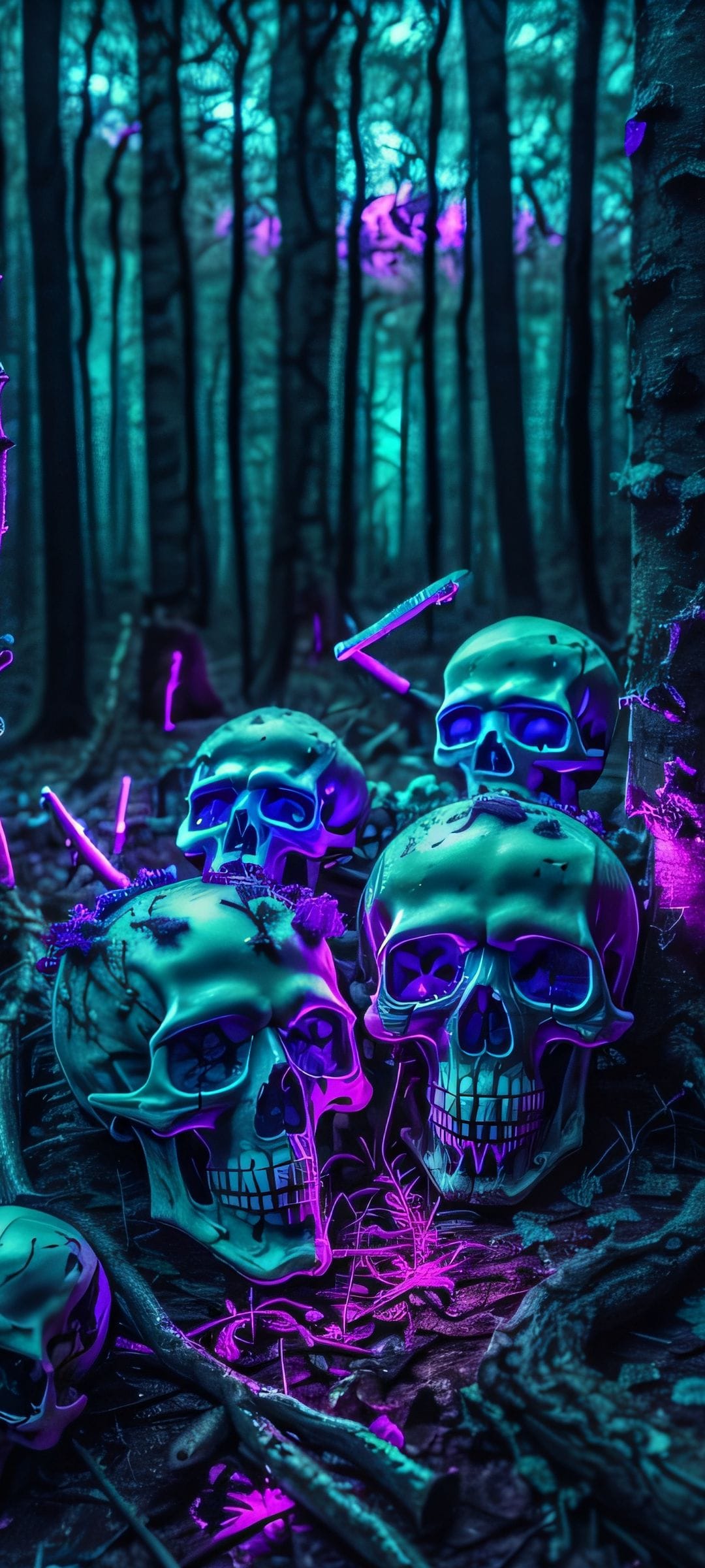 Three glowing skulls with purple and blue neon highlights sit among dark tree roots in a misty night forest.