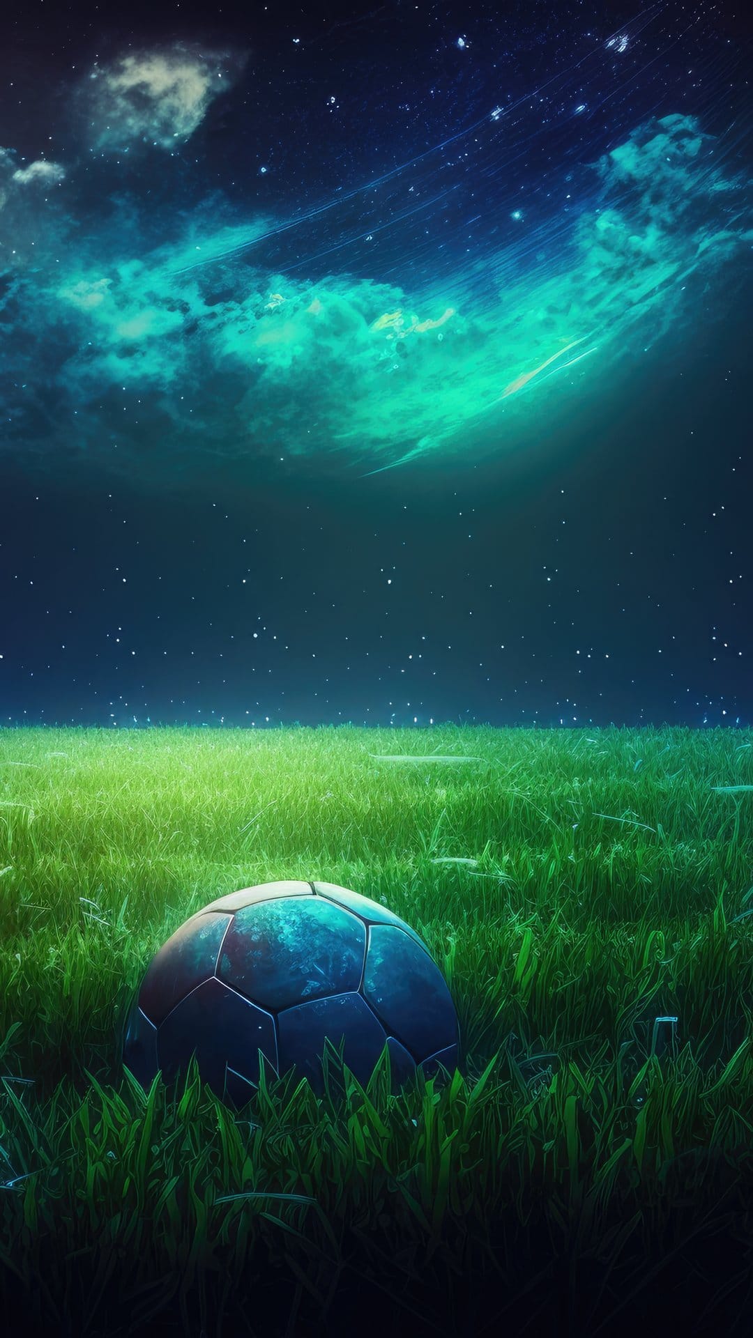 Soccer ball in green grass under a teal aurora borealis with a shooting star and dense celestial star field.