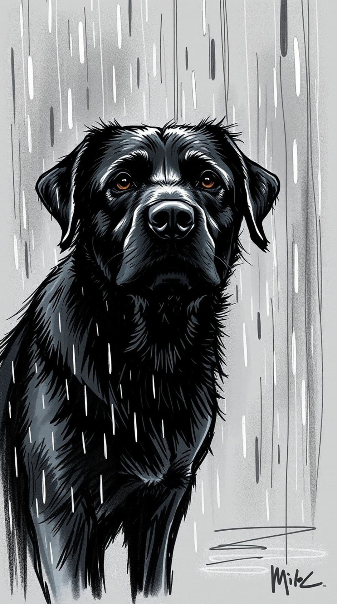 Black Labrador with wet fur and soulful eyes sits in falling rain against a textured grey background.