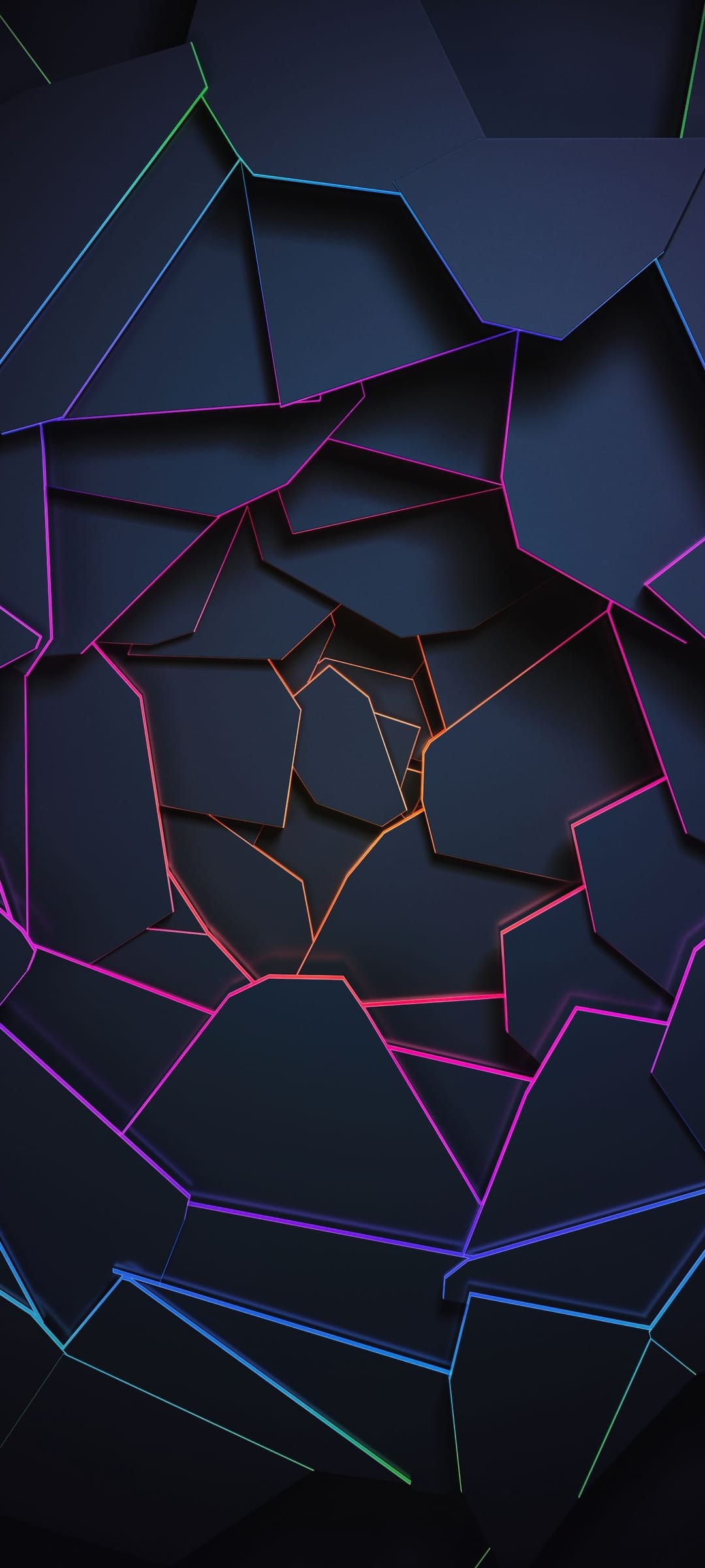 Dark angular geometric shapes outlined in glowing pink, blue, and green neon light against a black backdrop.