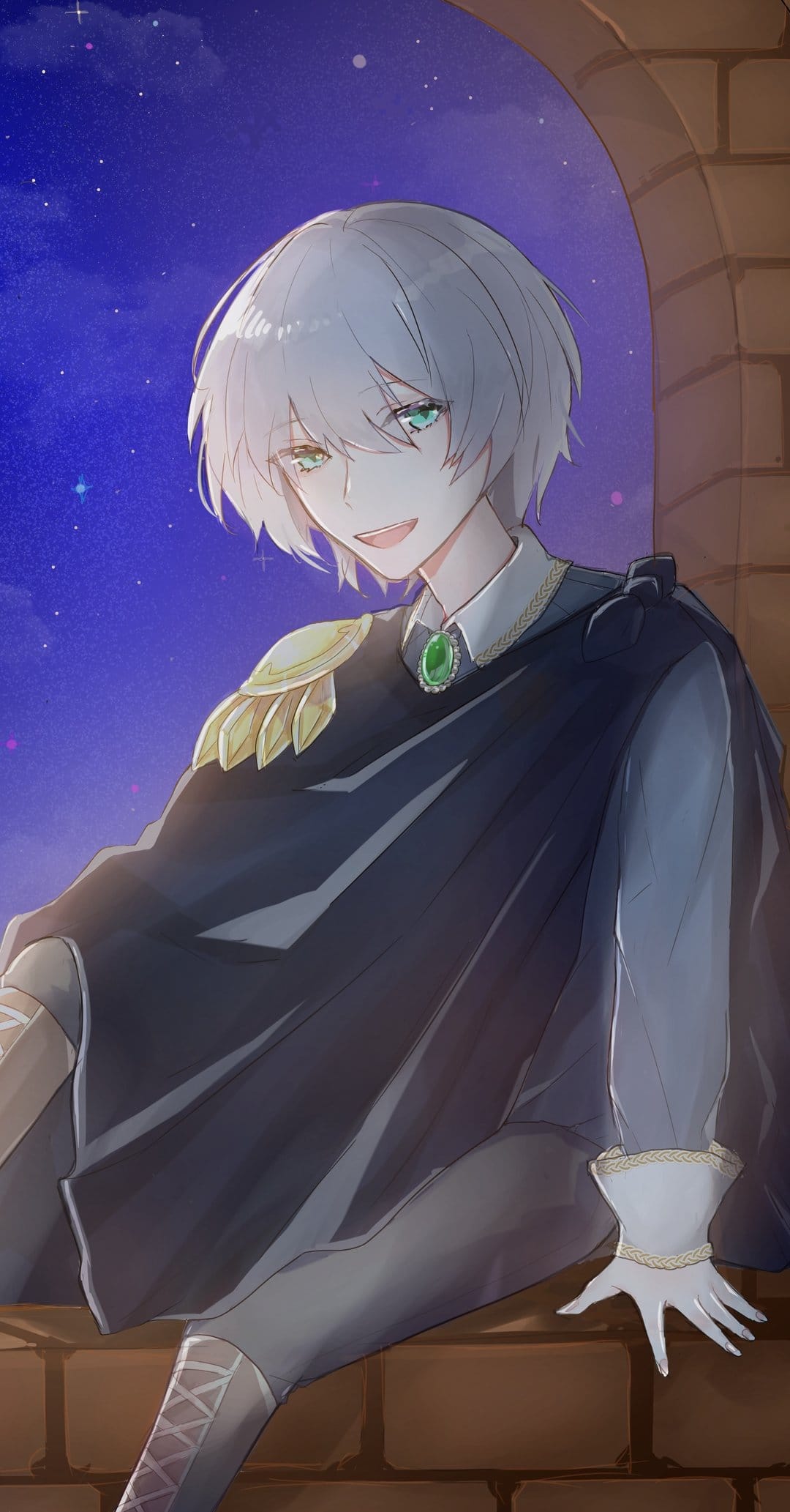 Silver haired boy with green eyes wears a dark cloak and golden epaulets while sitting under a starry night sky.