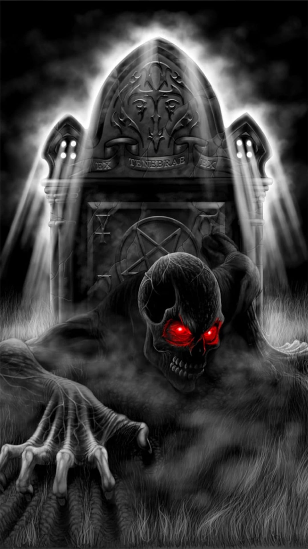 Skeletal creature with glowing red eyes emerges from behind a stone tombstone amidst thick fog and light beams.