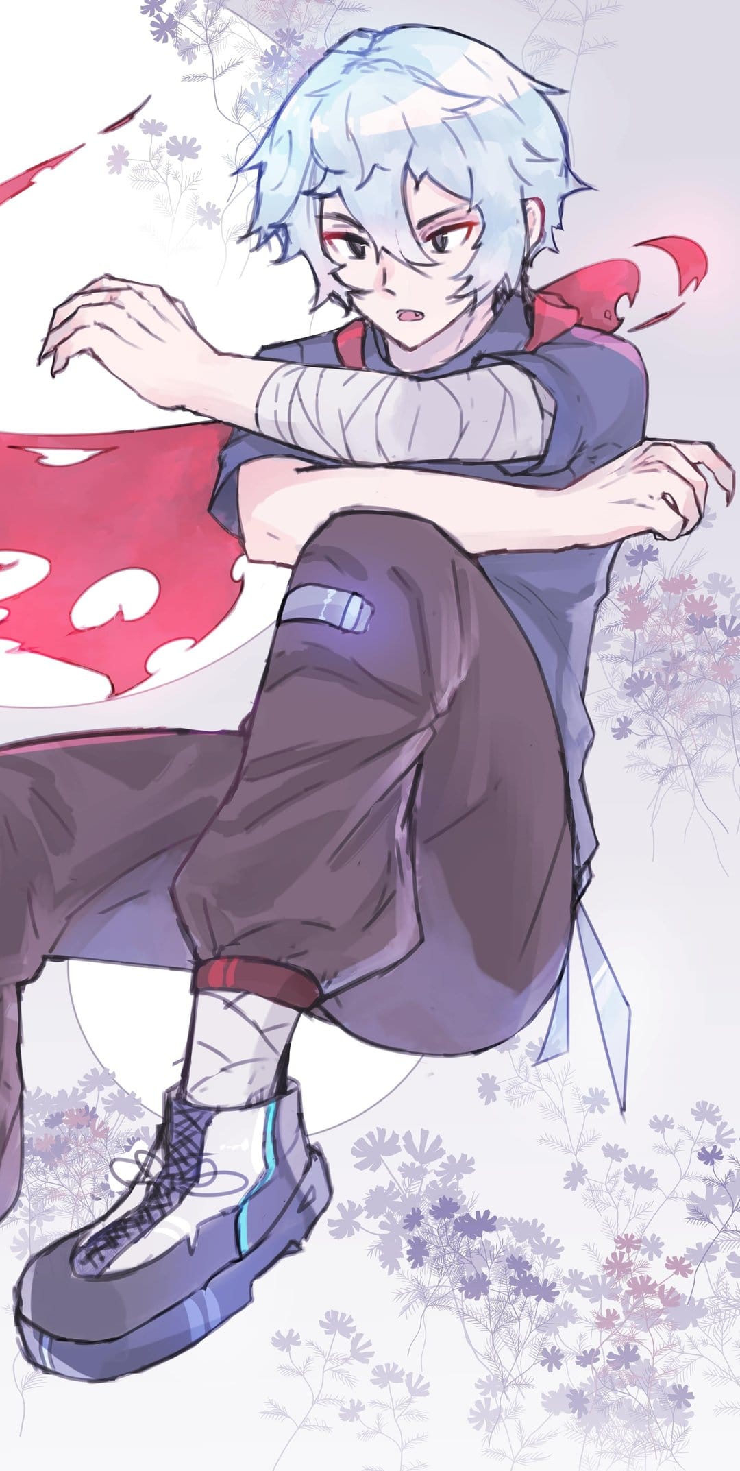 Blue haired boy with a red polka dot scarf, bandaged arms, and futuristic shoes against a floral background.