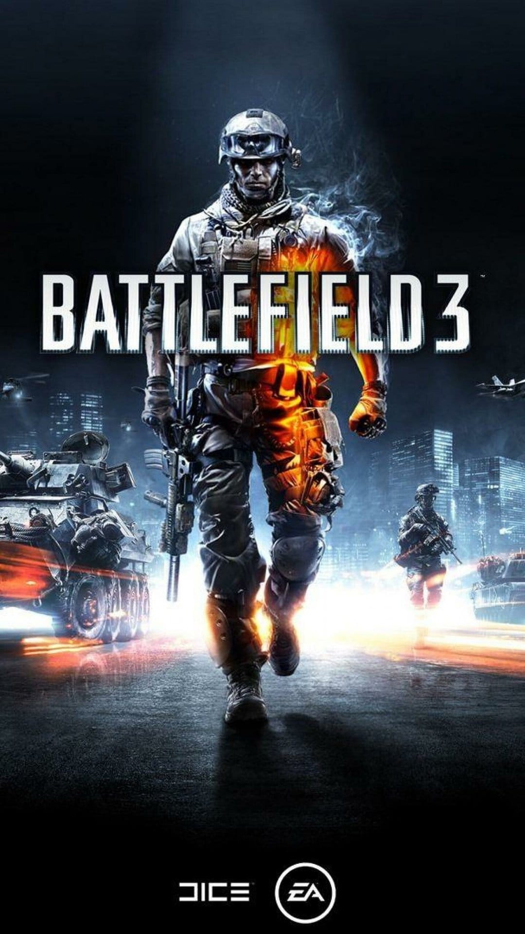 Soldier in tactical gear walking through sparks and smoke with tanks and jets in a blue and orange city.
