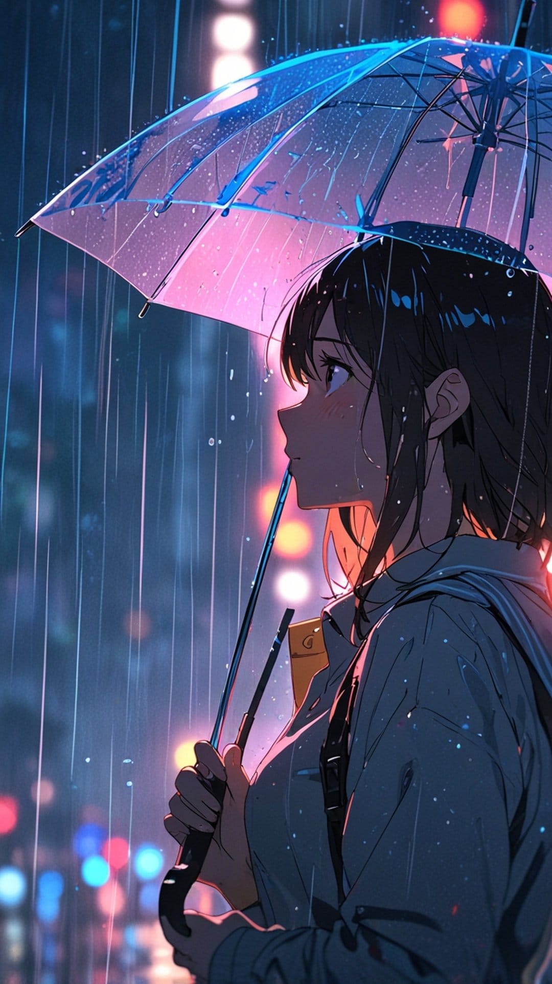 Young woman holds a clear umbrella under glowing neon city lights as rain falls, creating a moody urban backdrop.
