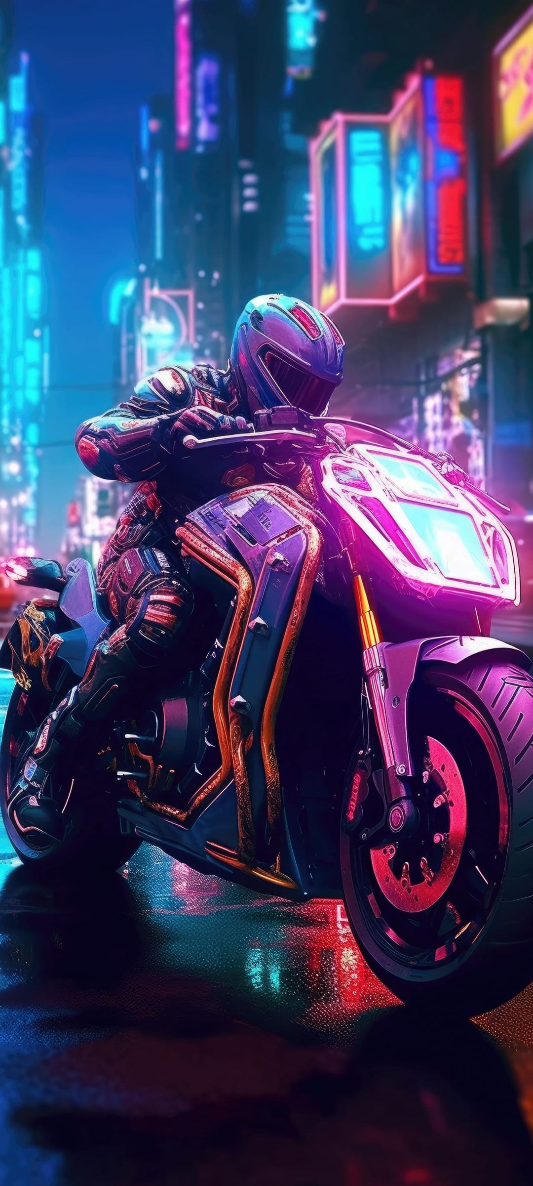 Cyberpunk biker in a sleek helmet speeds along a wet city street illuminated by vibrant pink and blue neon signs.