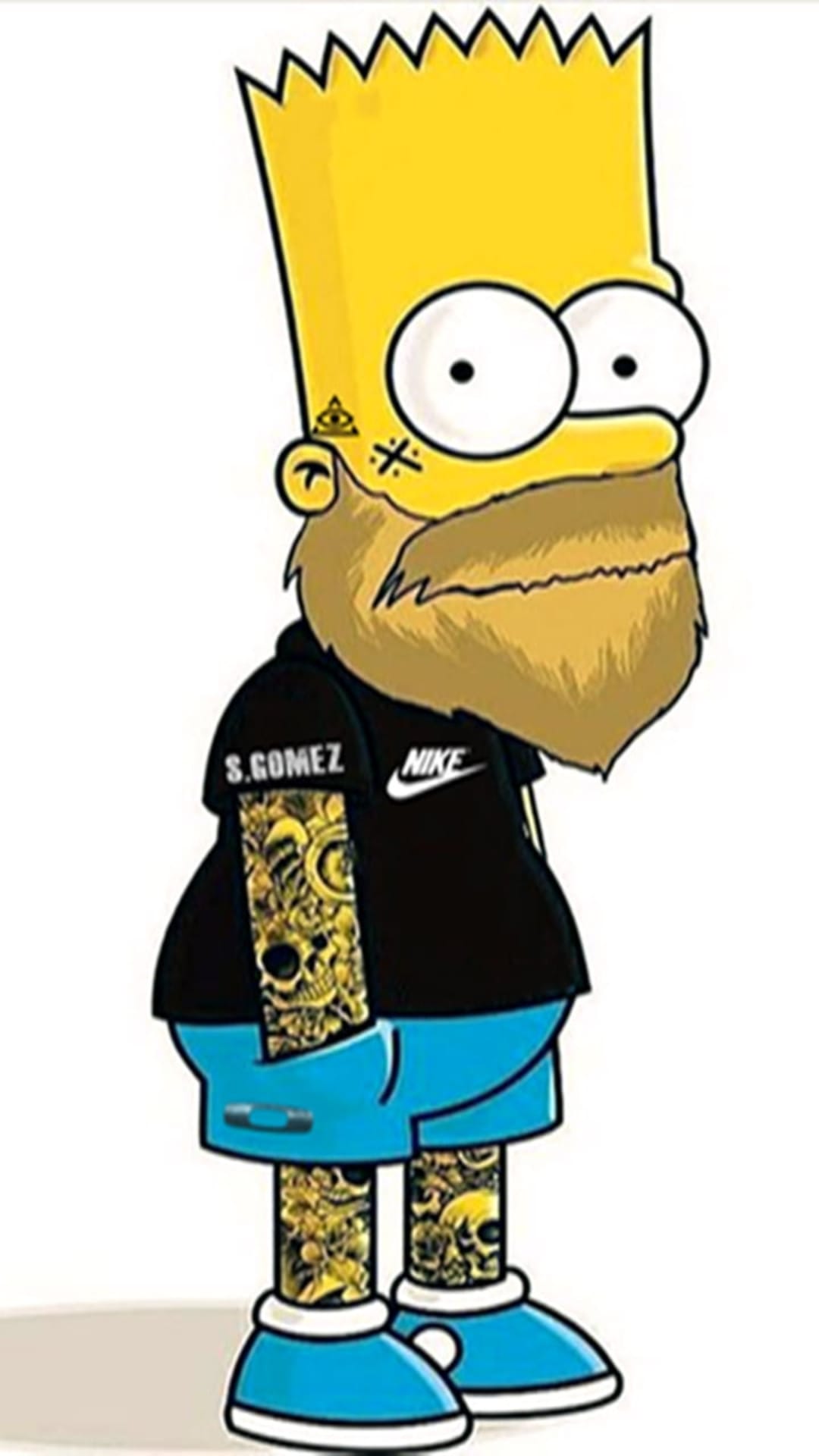 Bart Simpson with a full beard and arm tattoos wearing a black Nike hoodie and sneakers for a mobile background.