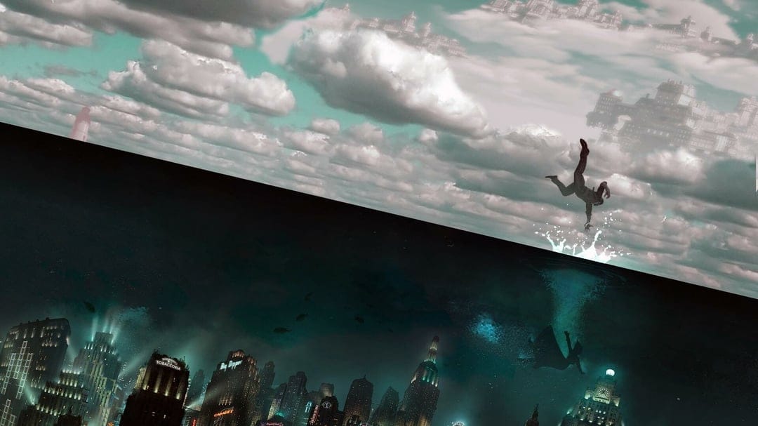 Man falling between floating sky city Columbia and dark underwater neon city Rapture with cinematic lighting.