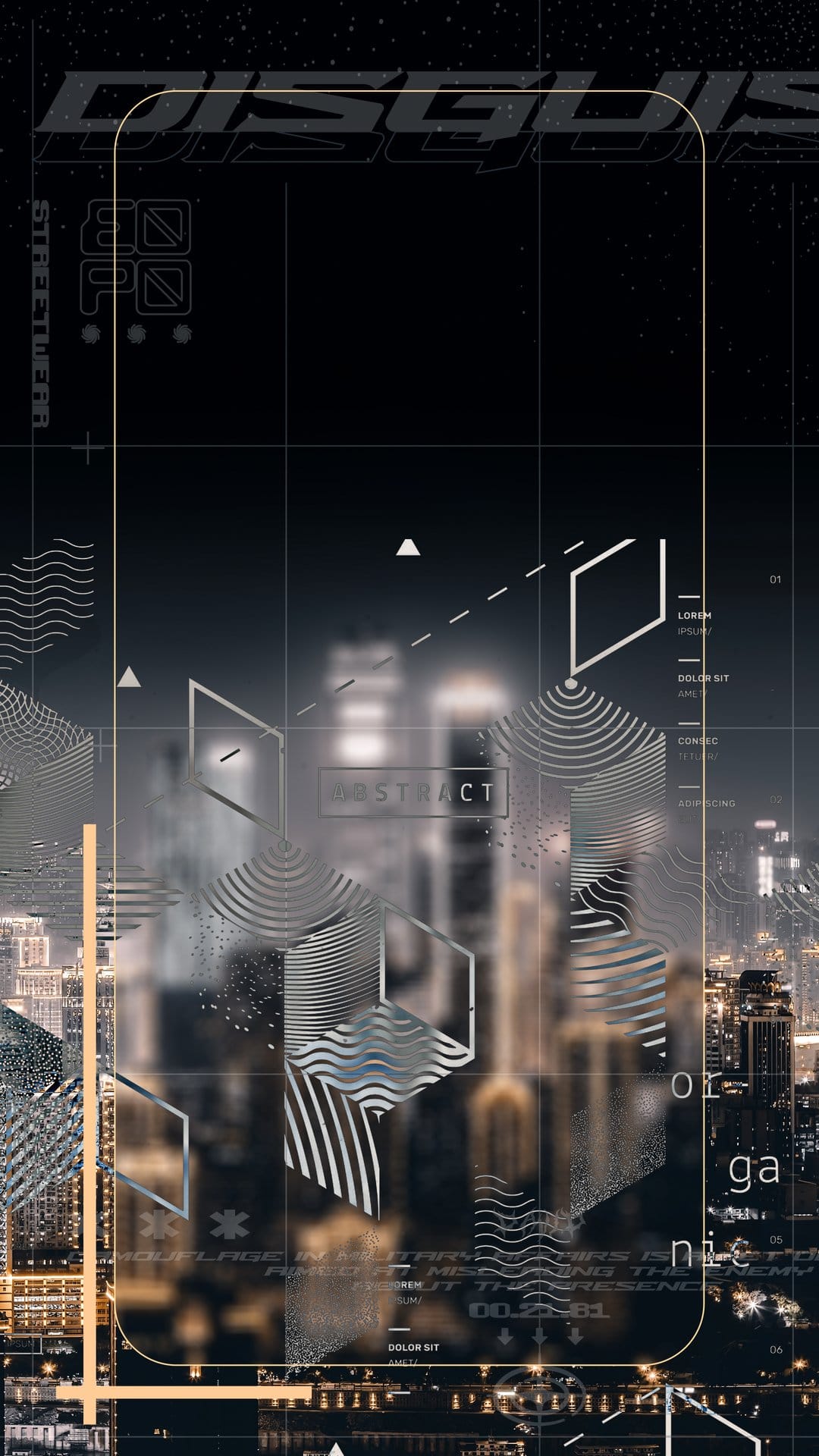 Futuristic city skyline silhouettes layered with glowing metallic grid lines and flowing abstract wave graphics.