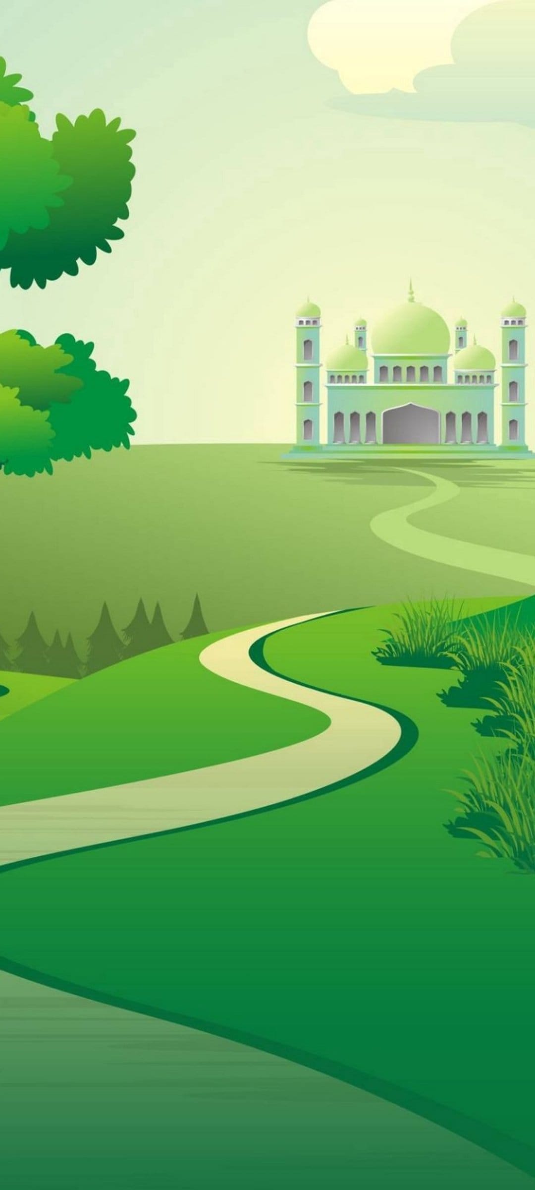 Green mosque with domes and minarets stands atop rolling hills beside a winding white path under a yellow sky.