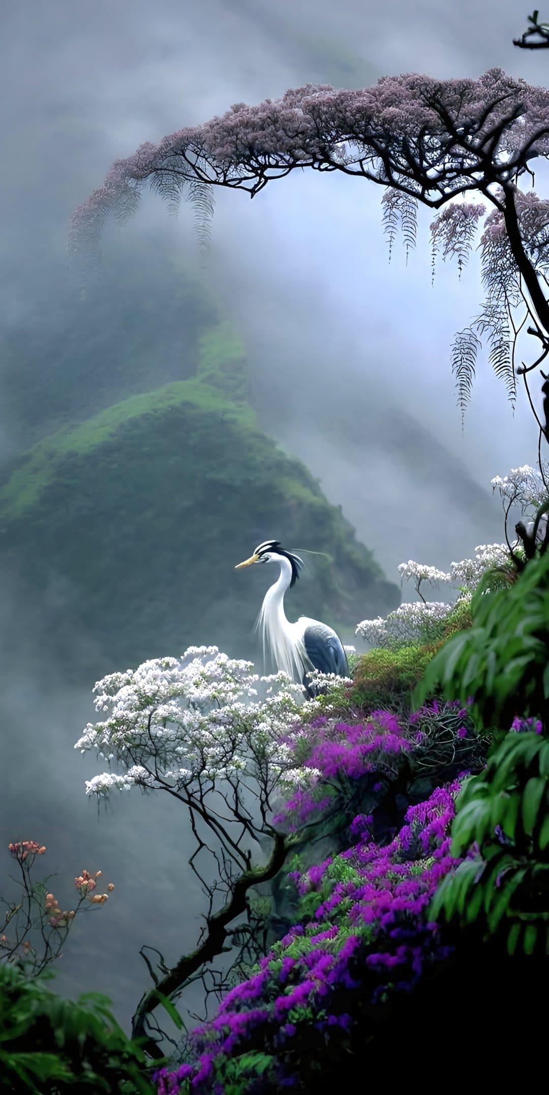 Grey heron standing among purple wildflowers and pink tree blossoms with misty mountain ridges in the distance.