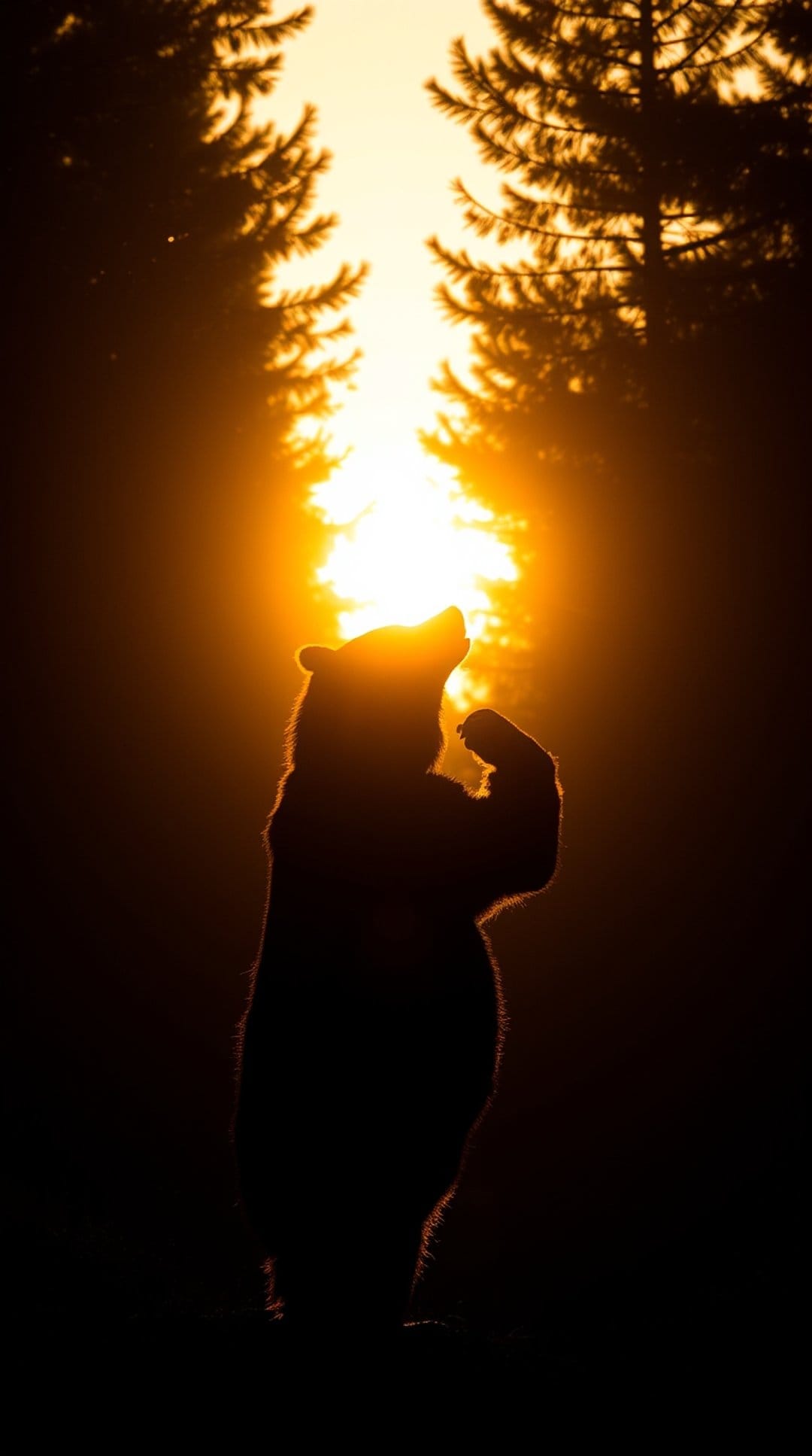 Bear silhouette stands on hind legs in a sunlit forest with golden light rays filtering through the tall trees.