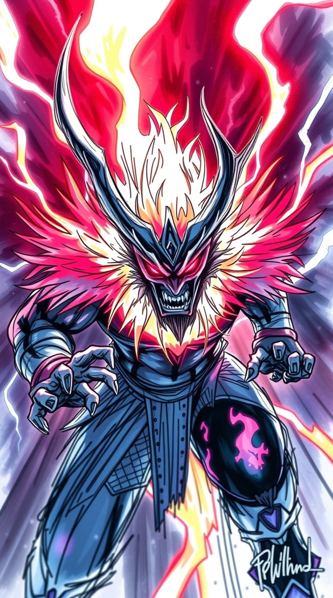 Demonic warrior with curved horns and glowing red eyes stands amidst a swirling vortex of orange fire and lightning.