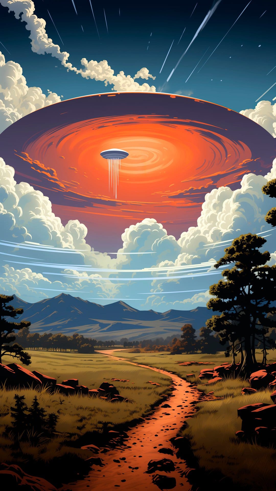 Metallic flying saucer beams light onto a winding path among hills under a dramatic burning orange sky.