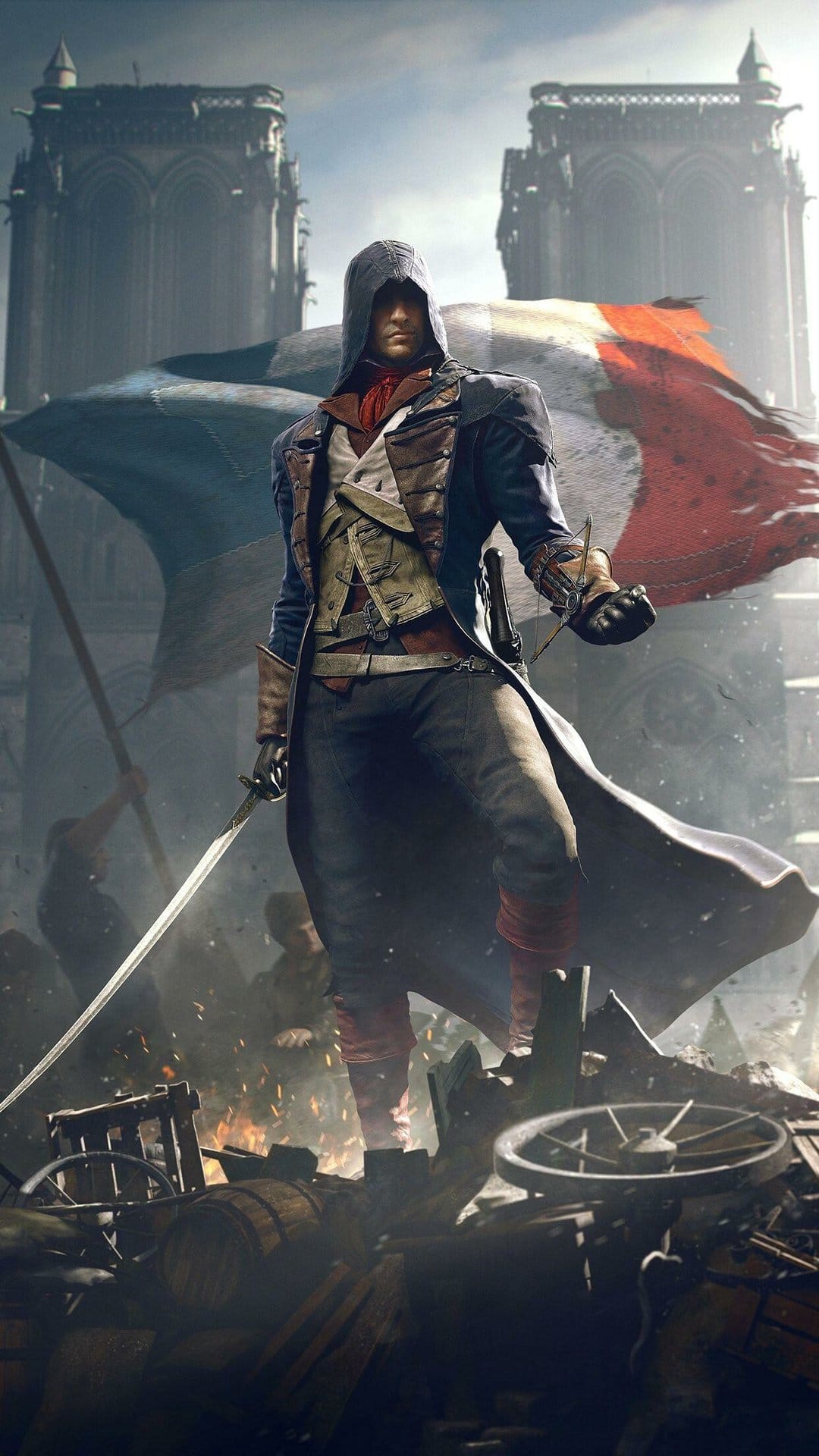 Arno Dorian hooded in blue robes holding a sword before the French flag and Notre Dame Cathedral in Paris.