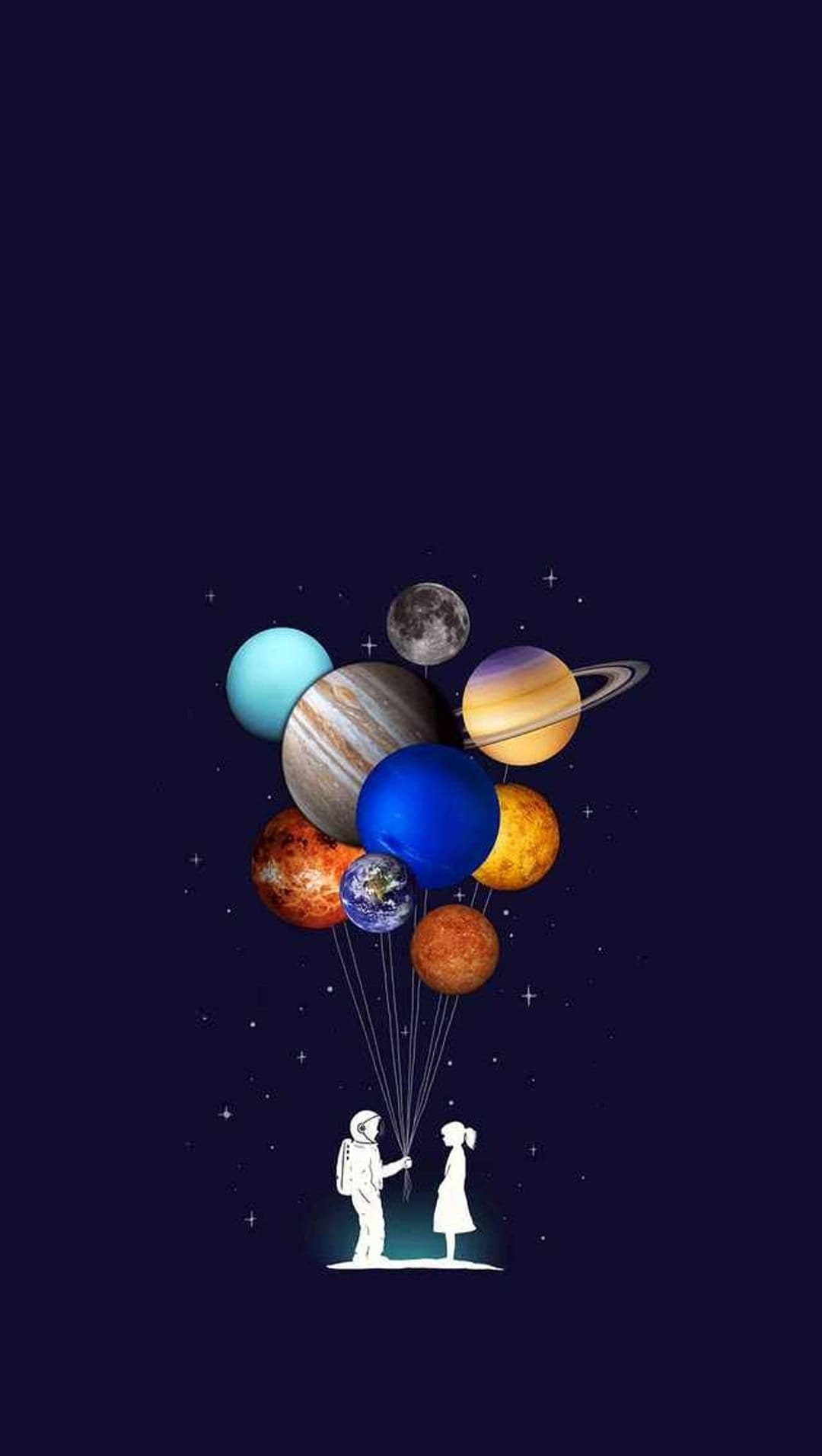 Astronaut and girl silhouetted against a blue galaxy holding strings attached to floating planets and the moon.
