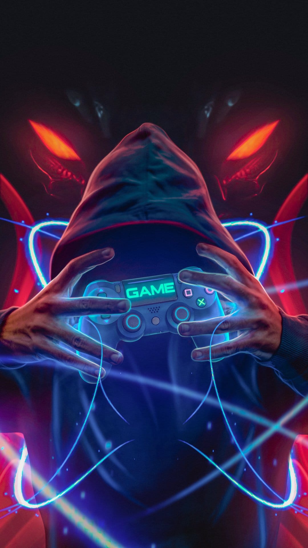 Hooded gamer holding a glowing blue controller while massive red eyes and neon streaks loom in the dark background.
